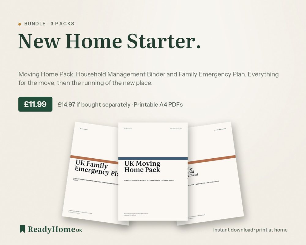 New Home Starter bundle: Moving Home Pack, Household Management Binder, Family Emergency Plan