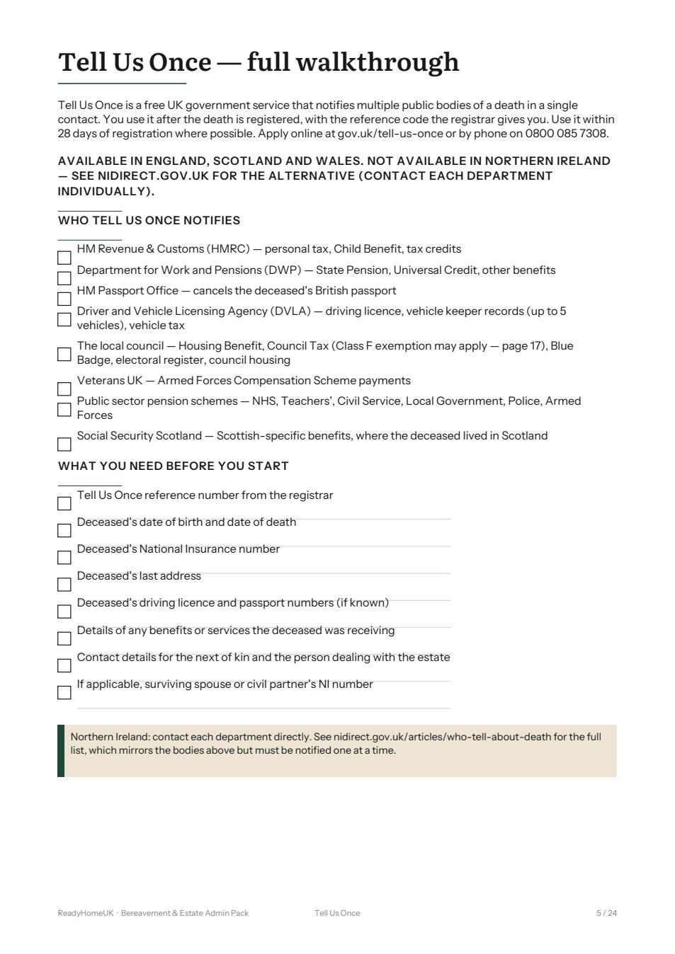 Bereavement & Estate Admin Pack, interior page