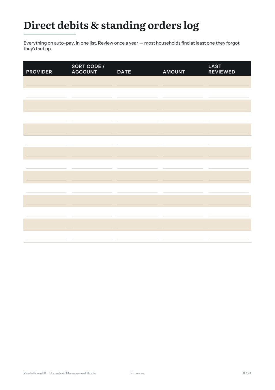 Household Management Binder, interior page